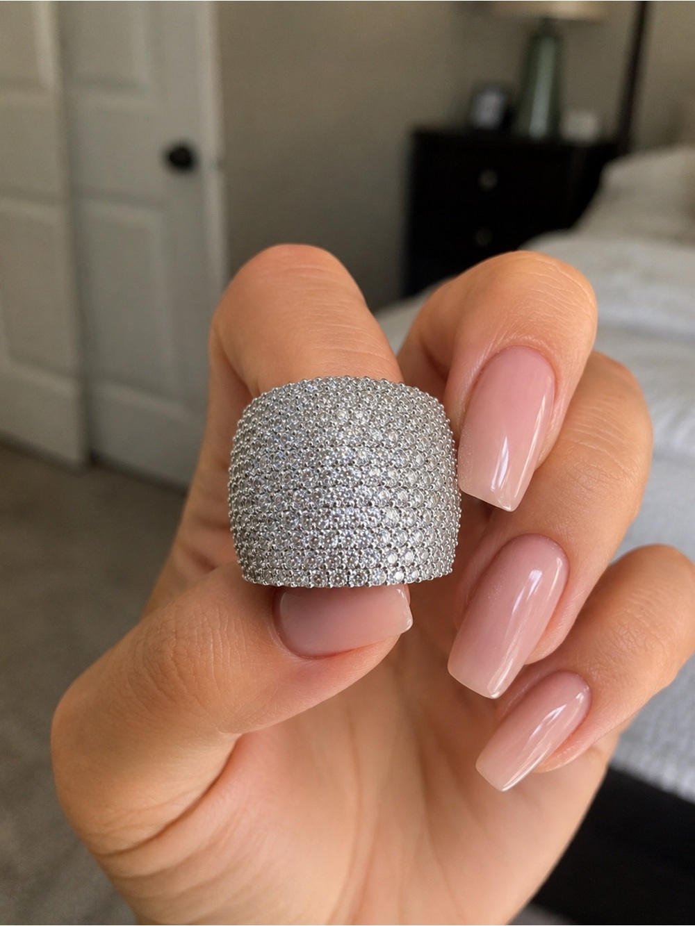 JTV Jewelry Love Pave Crystal Statement Ring Size 8 Silver Tone Wide Band